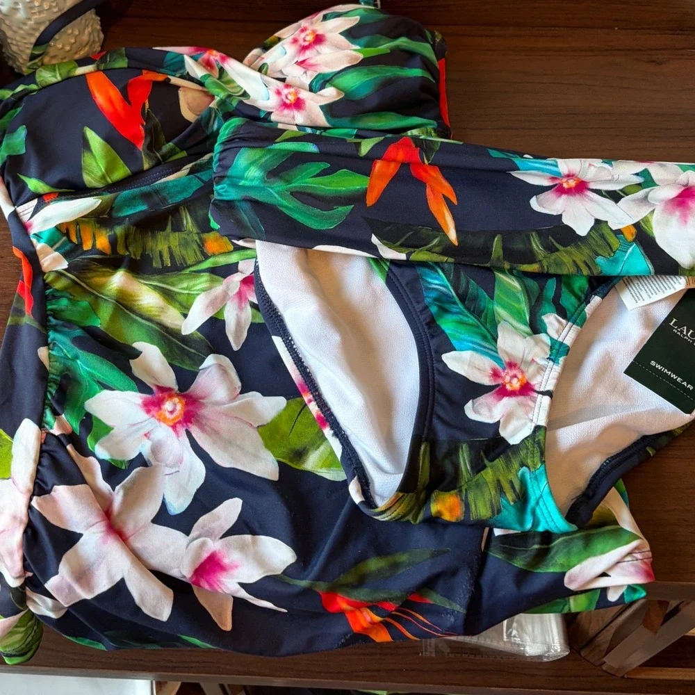 Lauren Ralph Lauren Tankini Swimsuit Women Size 2 Navy Blue Floral Tropical NWT